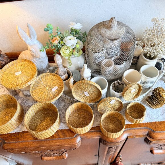 5 Vintage Woven Nesting Baskets with Handles - Picture 10 of 17